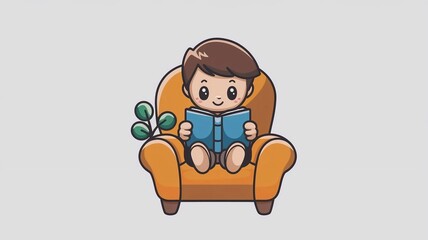 cute cartoon boy sitting on a chair reading and holding a book.