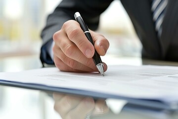 Businessman is signing an official document on a glass table