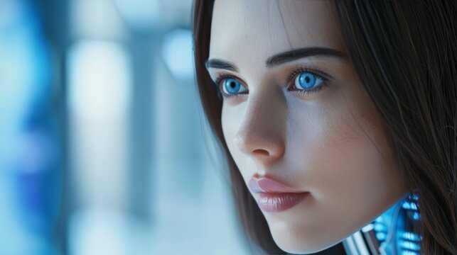 Close-up of a female humanoid robot featuring striking blue eyes and realistic human-like skin. The robot lifelike features and advanced design are emphasized by soft lighting