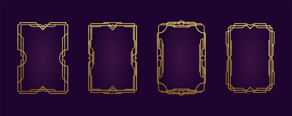 Retrofuturism steampunk golden engraved frame. Frame template a4 paper. Art deco line border, decorative divider, boho antique style. Elegant geometric elements, arabic style, isolated vector set.