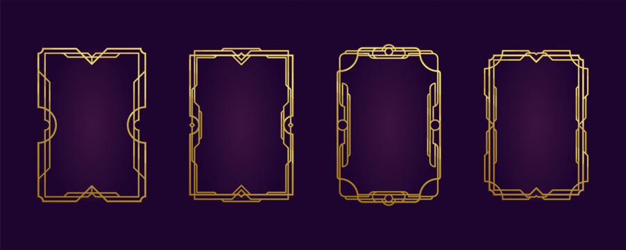 Retrofuturism steampunk golden engraved frame. Frame template a4 paper. Art deco line border, decorative divider, boho antique style. Elegant geometric elements, arabic style, isolated vector set.