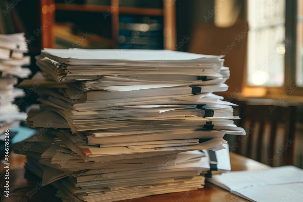 Aufkleber stack of paperwork piling up on desk representing overworked business concept