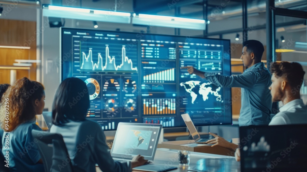 Poster dynamic entrepreneur leads diverse startup team in analyzing ai data trends in modern office environ