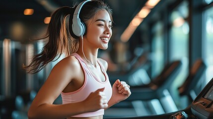 Fototapeta premium Happy beautiful young asian woman running on treadmill and listening to music via headphones during sports training in a gym. copy space for text.