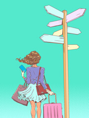 A girl stands with a suitcase and bag in front of a fork and a sign. Choosing the life path you will take. Options for new travel to other places. Pop Art Retro