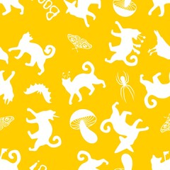 Naklejka premium Halloween animals seamless cats and pumpkins pattern for wrapping paper