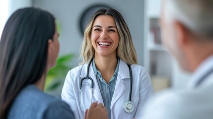 Fototapeta premium Happy, care and face of a doctor with a woman for medical trust, healthcare and help. Laughing, hug and portrait of a young nurse with a senior patient and love during a consultation at a clinic.
