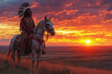 "Spirit of the Plains: A Captivating Portrait of a Native American Warrior at Sunset"