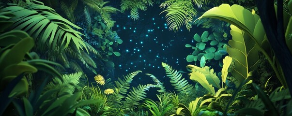 Fototapeta premium Vibrant jungle scene with lush greenery and sparkling stars, evoking a sense of tranquility and natural beauty.
