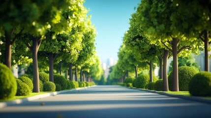 Obraz premium A serene tree-lined street showcasing vibrant greenery and a clear, blue sky, perfect for nature and cityscape themes.
