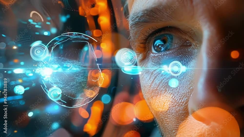 Poster Businessman is using a futuristic head up display to analyze financial data, visualized as an intricate network of glowing lines and nodes