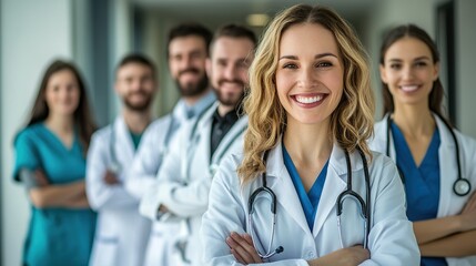 Fototapeta premium Happy people, portrait or doctor with team in confidence for healthcare, support or trust at hospital. Group of medical employees with smile for health advice.