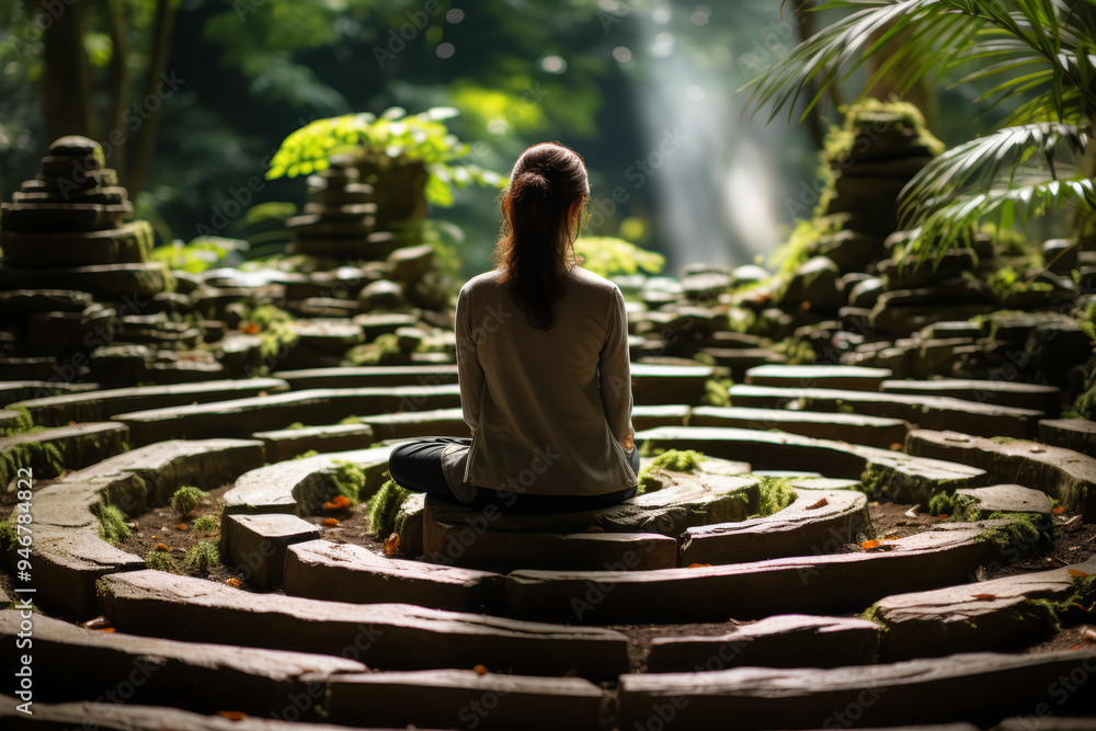 Poster a person practicing mindfulness in a zen garden, surrounded by tranquility. concept of zen practices
