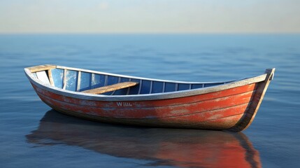 Naklejka premium A vibrant red wooden boat gently floating on calm water under a clear sky, evoking a sense of tranquility and adventure.