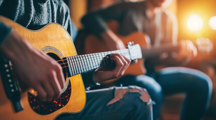 Fototapeta premium A guitar instructor showing chord positions to a beginner, with the student following along on their own instrument in a well-lit studio