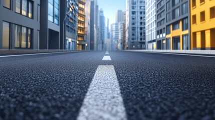 Obraz premium A clear city street stretches ahead, lined with modern buildings, showcasing a vibrant urban landscape under bright blue skies.