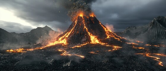 Erupting Volcano with Lava Flowing Down Mountainside