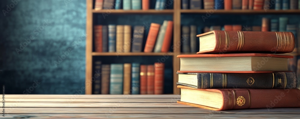 Poster a stack of vintage books resting on a wooden table in front of a library shelf filled with colorful 