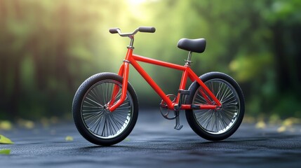 A vibrant red bicycle parked on a serene pathway surrounded by lush greenery, ideal for outdoor adventure themes.