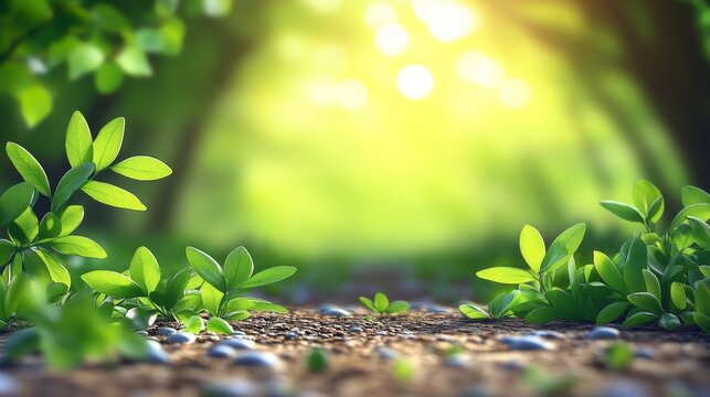 Lush greenery with sunlit forest backdrop, inviting calm and serenity in a tranquil natural environment.