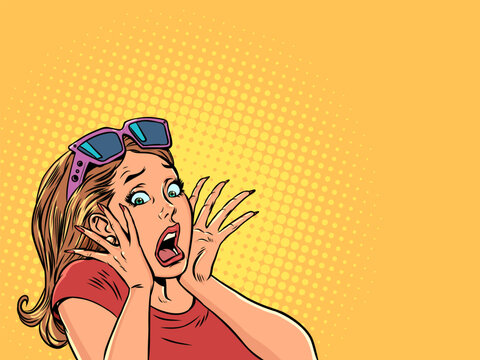 Pop Art Retro The woman screams in horror, covering her face with her hands. Incredible holiday deals. Surprised and frightened client.
