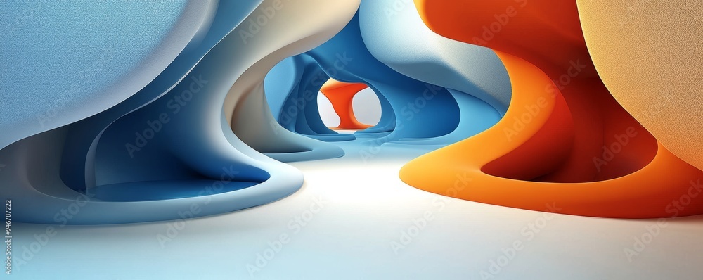 Poster abstract 3d space with fluid shapes in blue, orange, and white tones, creating a vibrant and dynamic