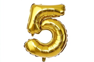 Number 5 golden inflatable foil balloons. Bright party decoration. Five years on white background