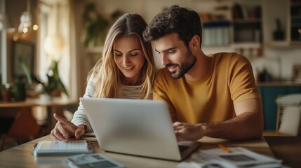 A couple engages in a collaborative project at home, reviewing documents on a laptop while enjoying quality time together