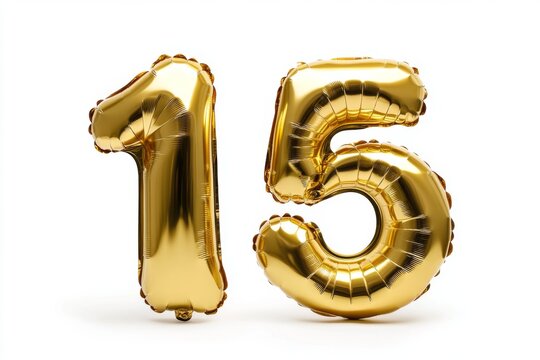 Number 15 golden inflatable foil balloons. Bright party decoration. Fifteen years on white background