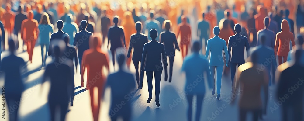 Poster an abstract representation of a crowd featuring diverse silhouettes, illustrating unity and individu