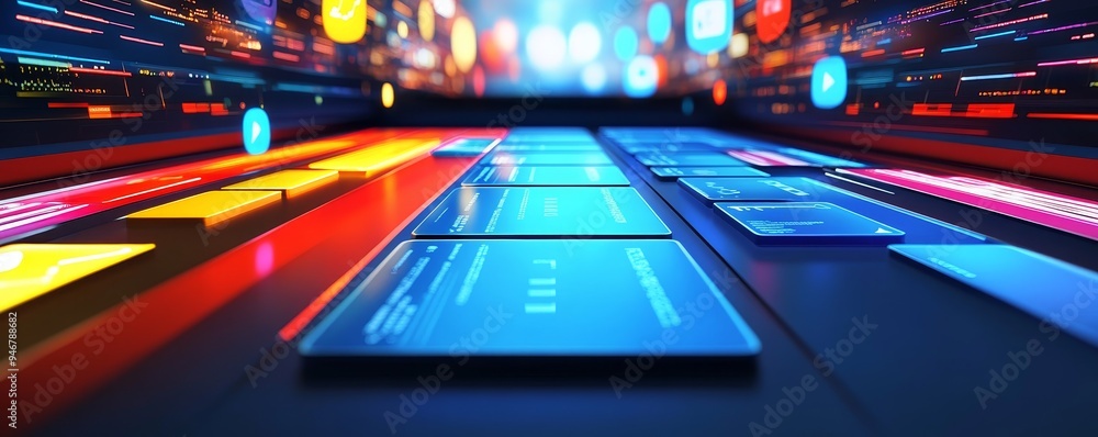 Aufkleber vibrant digital interface with colorful app icons and streaming data elements, symbolizing technolog