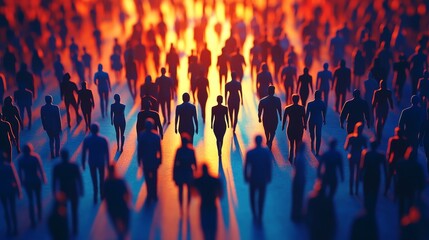 A vibrant crowd silhouetted against a colorful backdrop, representing diversity and unity in a busy urban environment.