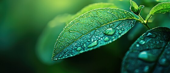Dewdrops on Lush Green Leaves in Sunlight