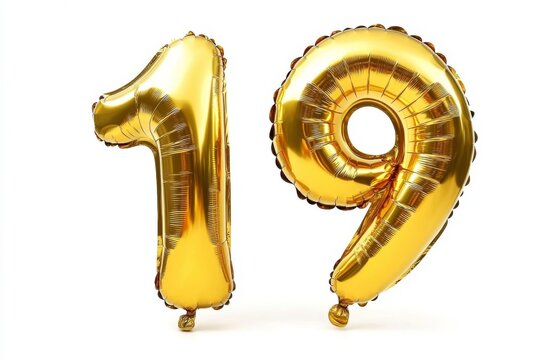 Number 19 golden inflatable foil balloons. Bright party decoration. Nineteen years on white background