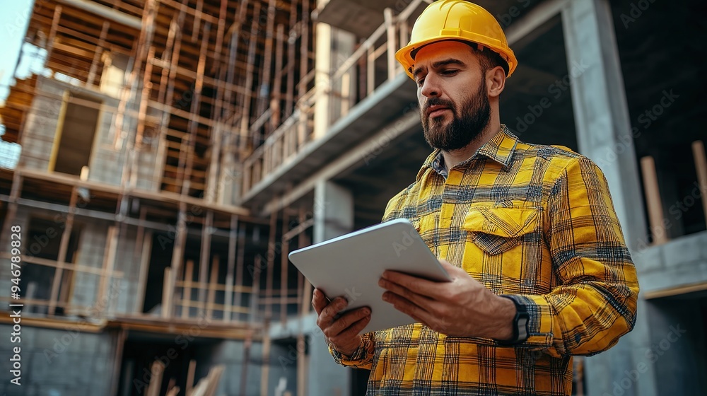 Poster man builder. architect at construction site. builder with tablet computer and papers. man inspector 