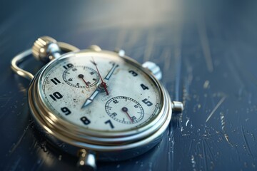 Close up image of a vintage stopwatch with a blue background, highlighting the concept of time and its measurement
