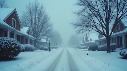 snow covered suburbs road in winter