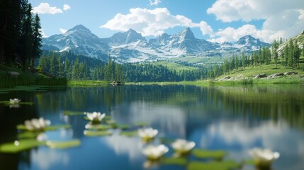 Tranquil Mountain Lake with Lily Pads and Reflections