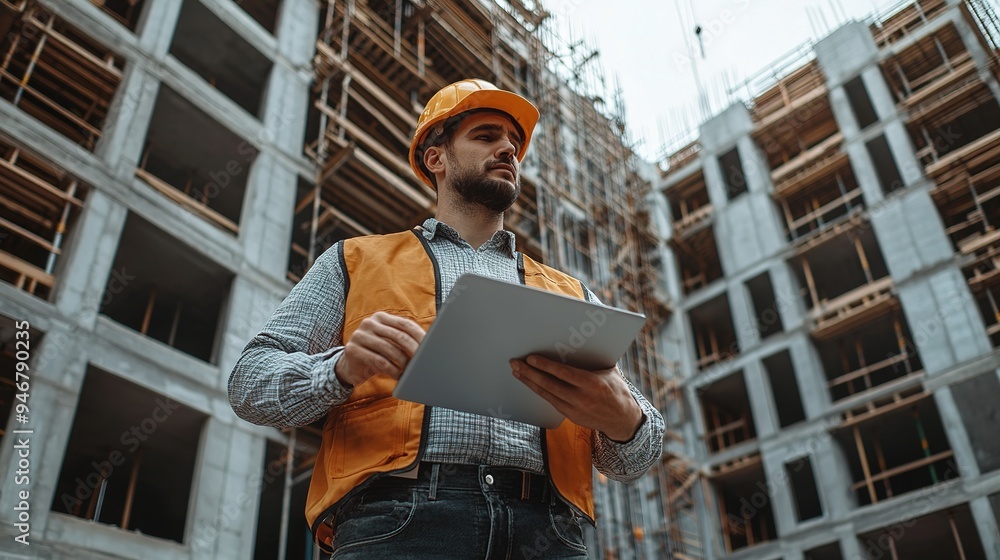 Poster man builder. architect at construction site. builder with tablet computer and papers. man inspector 