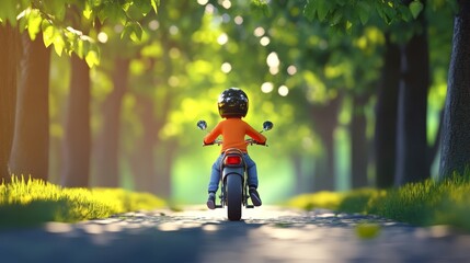 Fototapeta premium A child rides a motorcycle down a lush, tree-lined path, capturing the spirit of adventure and freedom in nature.