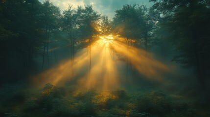 Golden morning sunlight beams streaming through dense fog and tall trees in a mysterious, peaceful forest. Atmospheric nature scene, tranquility, misty dawn beauty.