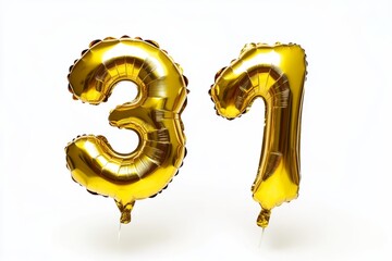 Number 31 golden inflatable foil balloons. Bright party decoration. Thirty one years on white background