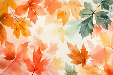 Aquarelle Mélange de feuilles d'automne colorées flottant sur un fond léger, créant une ambiance douce et chaleureuse.