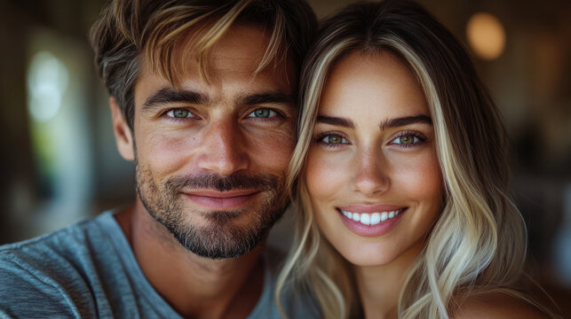 Smiling couple close-up portrait, both with bright eyes, standing side by side, happy and in love, sunlight shining, warm outdoor environment, romantic moment