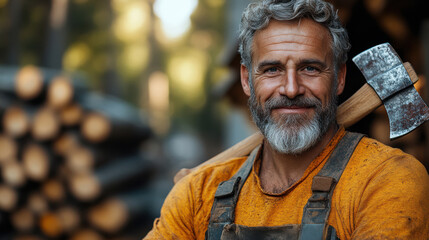 Bearded man holding axe in the woods during golden hour, wearing warm clothes and knitted beanie, outdoor lumberjack lifestyle, rugged and experienced expression, forest background