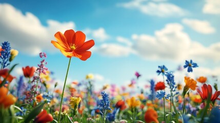 Obraz premium A vibrant field of wildflowers under a sunny sky, showcasing a variety of colors and textures in nature's beauty.