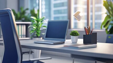 Fototapeta premium Modern office workspace featuring a laptop, plants, and stylish decor under natural light in a bright environment.