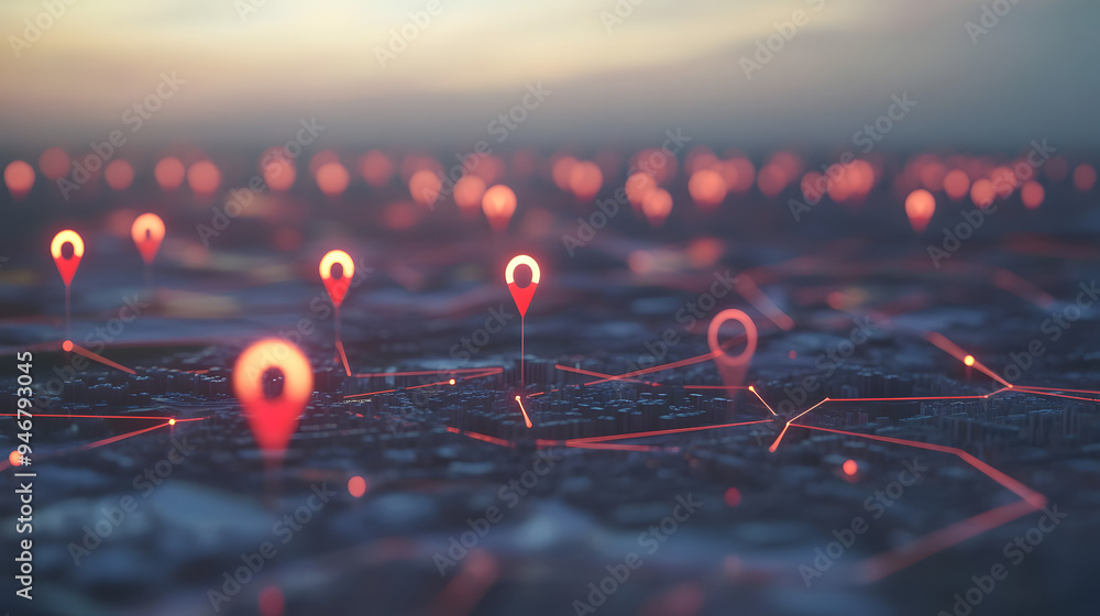 Poster a conceptual 3d rendering presents a city with abstract connected location pins against a dull sky b