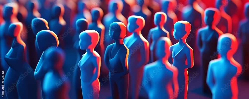 Poster a vibrant collection of abstract figures, showcasing unity and diversity through colorful lighting a