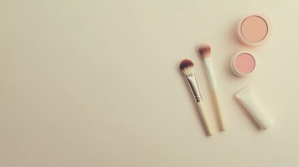 Fototapeta premium A selection of cosmetic products including a lipstick, makeup brushes, and powder is artfully arranged on a soft light background. Generative AI